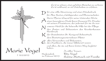 Traueranzeige von Marie Vogel von Pegnitz-Zeitung